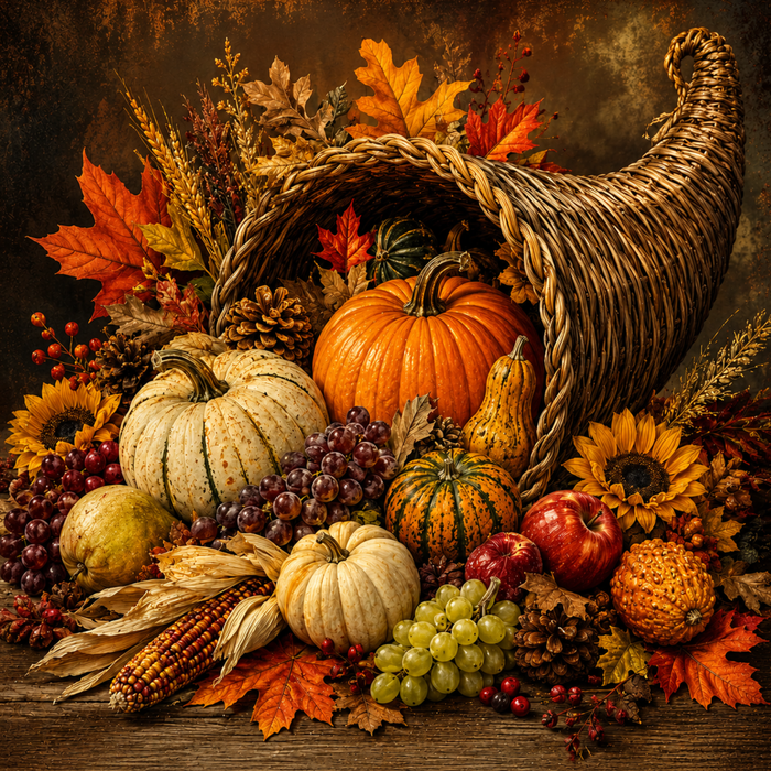 TTE-442 Fall Cornucopia Harvest Sign featuring a woven cornucopia filled with pumpkins, gourds, grapes, apples, corn, pinecones, sunflowers, berries, and colorful autumn leaves on a rustic harvest-themed background.