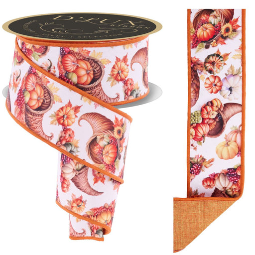2.5 inch fall ribbon with cornucopia, pumpkins, and autumn leaves on ivory background with orange wired edge and fused orange back, shown on spool and flat.