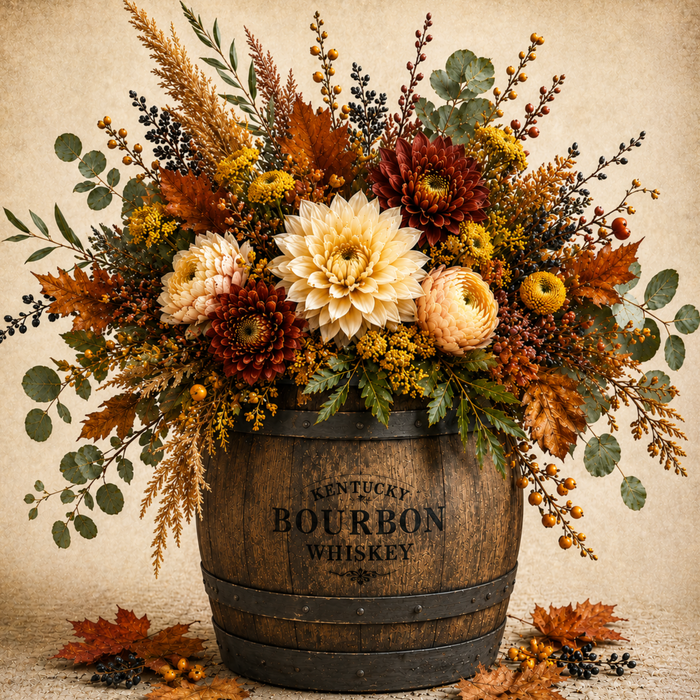 Rustic whiskey barrel filled with cream, gold, and burgundy fall flowers, berries, foliage, and autumn leaves on a metal wreath accent sign TTE-437