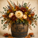 Rustic whiskey barrel filled with cream, gold, and burgundy fall flowers, berries, foliage, and autumn leaves on a metal wreath accent sign TTE-437