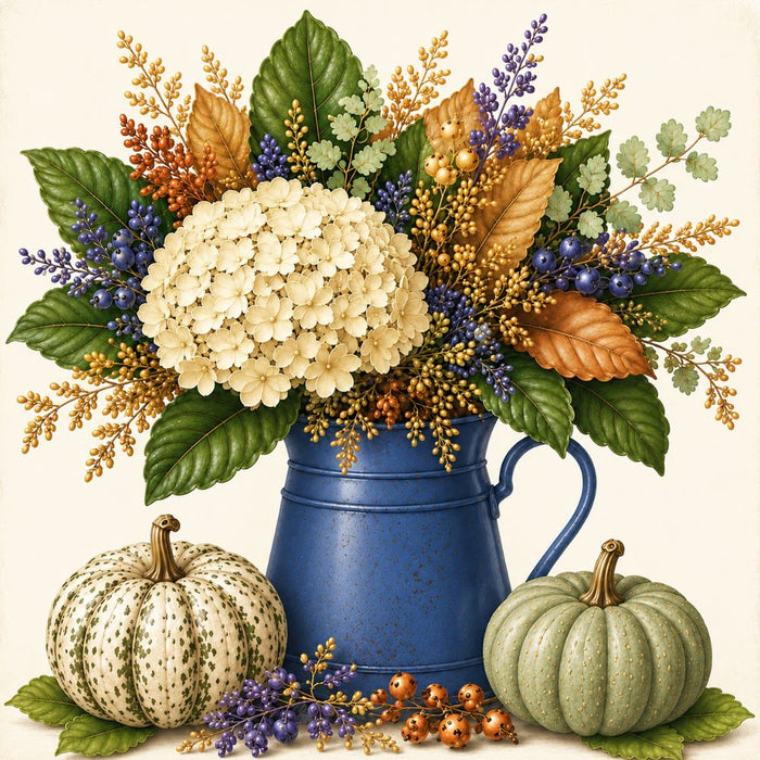 Fall hydrangea metal sign featuring cream hydrangeas, blue berries, golden foliage in a blue pitcher, and neutral cream and sage pumpkins. SKU TTE-577.
