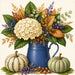 Fall hydrangea metal sign featuring cream hydrangeas, blue berries, golden foliage in a blue pitcher, and neutral cream and sage pumpkins. SKU TTE-577.