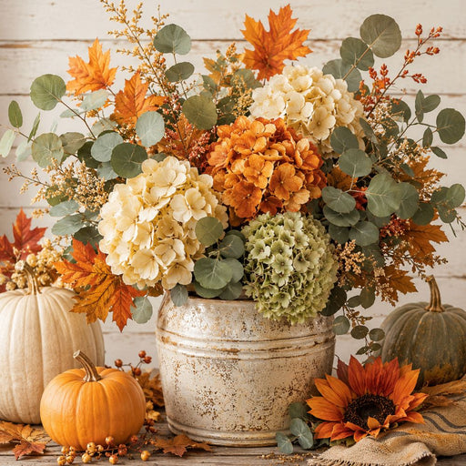 Fall 10 inch metal sign with orange and cream hydrangeas, eucalyptus, autumn leaves, pumpkins and sunflowers, TTE-623.