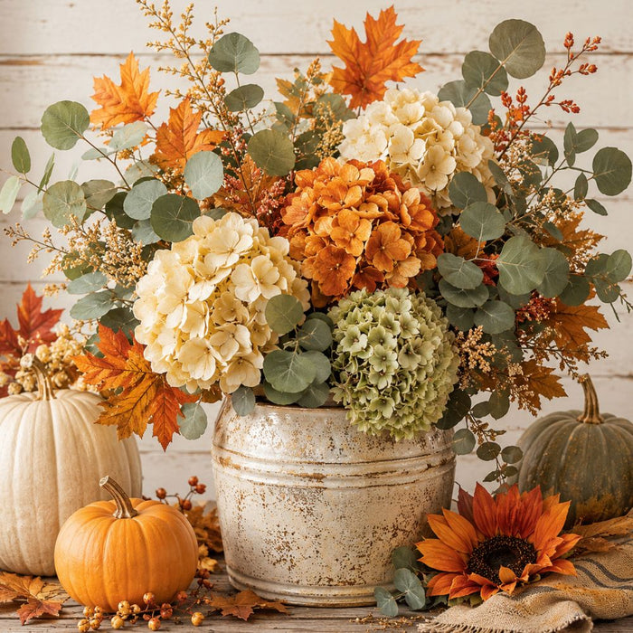 Fall 10 inch metal sign with orange and cream hydrangeas, eucalyptus, autumn leaves, pumpkins and sunflowers, TTE-623.