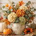 Fall 10 inch metal sign with orange and cream hydrangeas, eucalyptus, autumn leaves, pumpkins and sunflowers, TTE-623.