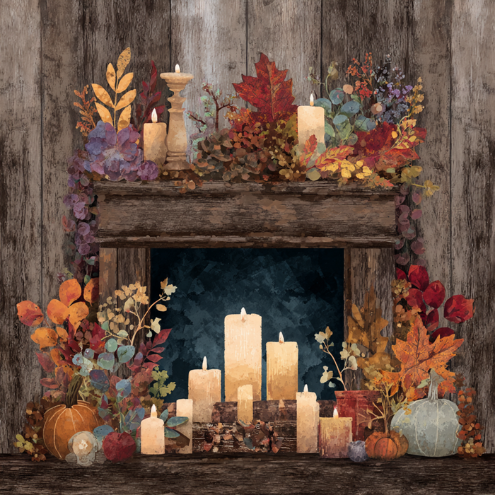 A rustic wooden mantel with glowing candles, pumpkins, and autumn leaves creates a cozy fall vibe—perfect for displaying your favorite Fall Home Decor or our 10 x 10 Fall Mantle Sign TTE-333.