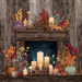 A rustic wooden mantel with glowing candles, pumpkins, and autumn leaves creates a cozy fall vibe—perfect for displaying your favorite Fall Home Decor or our 10 x 10 Fall Mantle Sign TTE-333.