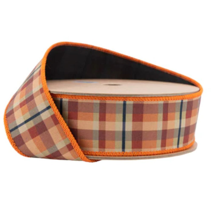 1.5 inch designer fall plaid wired dupioni ribbon with black backing, 10-yard roll, SKU 8212W-743-38E.