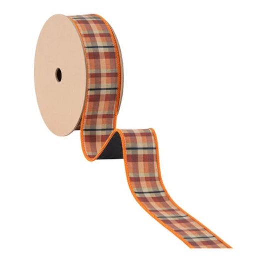 1.5 inch designer fall plaid wired dupioni ribbon with black backing, 10-yard roll, SKU 8212W-743-38E.