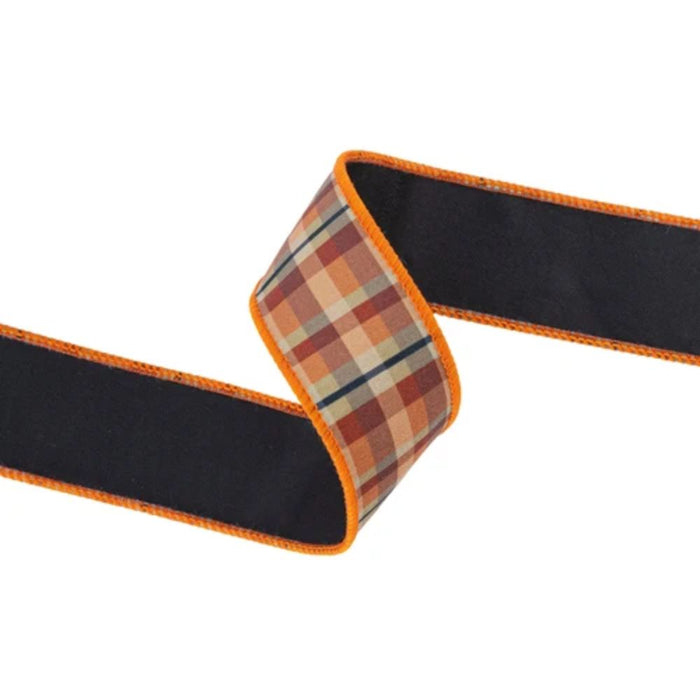 1.5 inch designer fall plaid wired dupioni ribbon with black backing, 10-yard roll, SKU 8212W-743-38E.