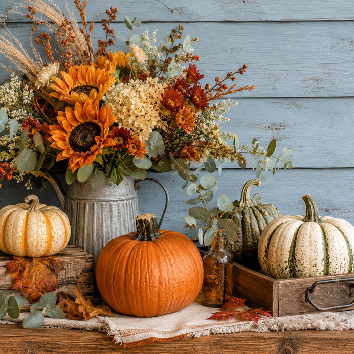 Fall 10 inch metal sign with sunflowers, cream hydrangeas, eucalyptus, orange and cream pumpkins against a soft blue background, TTE-631.
