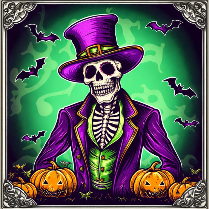 Fancy Halloween skeleton in purple top hat and jacket surrounded by orange jack-o'-lanterns and bats on a green background.