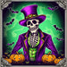 Fancy Halloween skeleton in purple top hat and jacket surrounded by orange jack-o'-lanterns and bats on a green background.