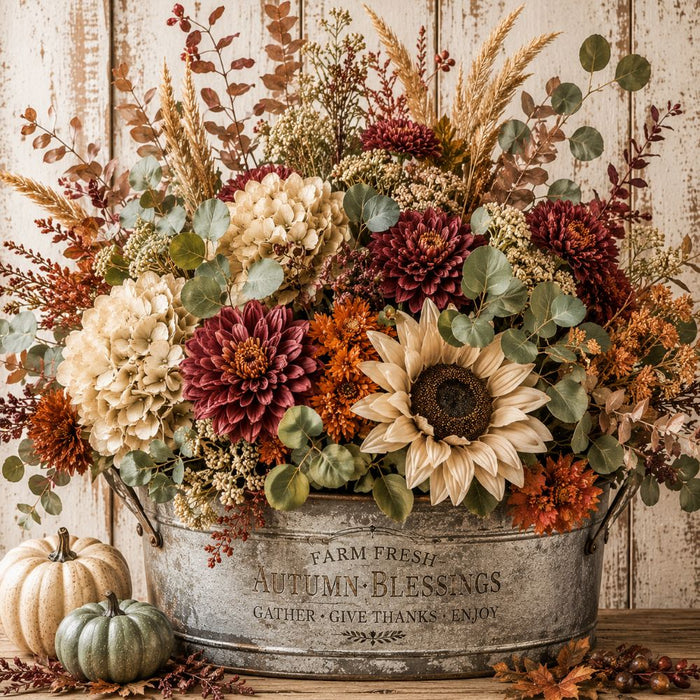 Farm Fresh Autumn Blessings 10 inch metal fall sign with cream hydrangeas, burgundy mums, eucalyptus, sunflower and pumpkins, TTE-635.