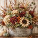 Farm Fresh Autumn Blessings 10 inch metal fall sign with cream hydrangeas, burgundy mums, eucalyptus, sunflower and pumpkins, TTE-635.