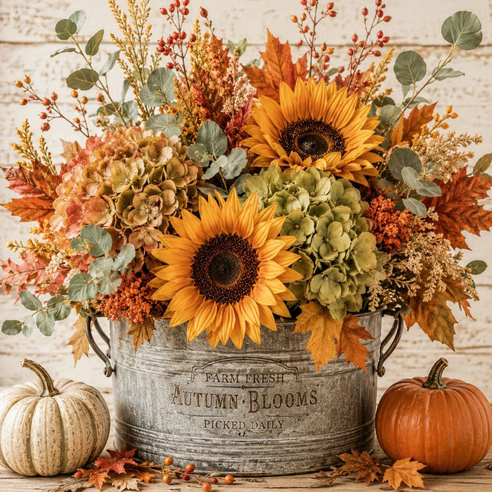 Farm Fresh Autumn Blooms 10 inch metal sign with sunflowers, hydrangeas, eucalyptus, fall foliage and pumpkins, TTE-624.
