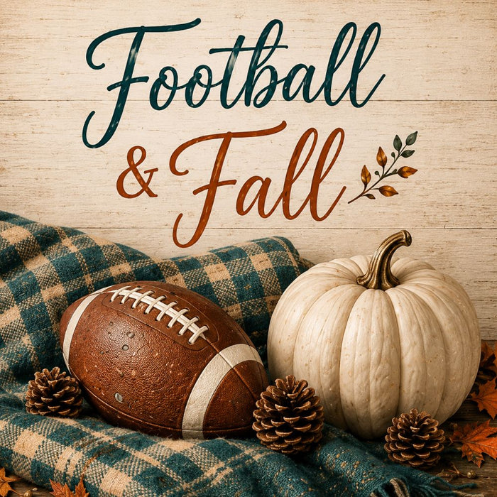 10 x 10 metal fall wreath sign featuring a football, white pumpkin, plaid blanket, pinecones, and the words "Football & Fall." Exclusive Trendy Tree Design for deco mesh wreaths, grapevine wreaths, or framing. SKU TTE-504.