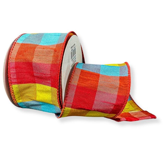 2.5-inch blue, rust, orange, and yellow faux dupioni plaid wired ribbon on a 10-yard roll for wreaths, bows, garlands, and seasonal decorating.