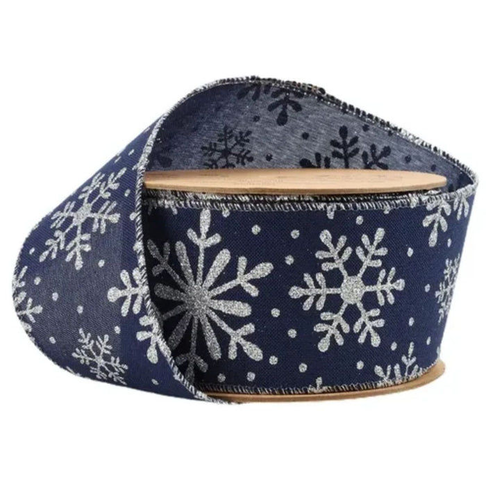 Navy blue faux linen wired ribbon with silver snowflakes, 2.5 inches x 10 yards.
