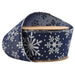 Navy blue faux linen wired ribbon with silver snowflakes, 2.5 inches x 10 yards.
