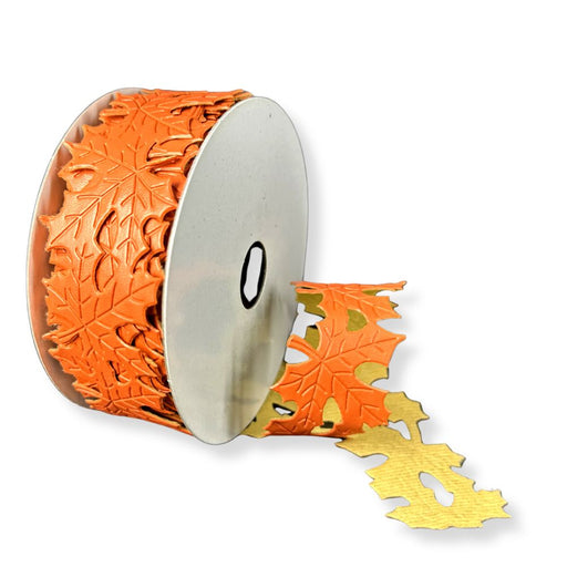 1.5-inch orange faux leather ribbon with maple leaf cutout design on a 10-yard roll, perfect for fall wreaths, bows, garlands, and seasonal decorating.