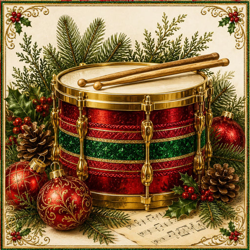 Festive red green and gold Christmas drum metal sign with ornaments, holly, pinecones, evergreen greenery and sheet music TTE-773