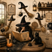TTE-470 Halloween metal sign featuring a young witch studying for a Flying Broom Driving Test surrounded by enchanted flying brooms, a black cat, spell books, pumpkins, and whimsical witch cottage décor.