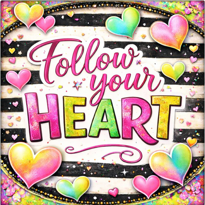 Follow Your Heart Valentine metal sign for wreath making, 10x10 square metal sign with colorful ombre hearts and bold lettering, perfect as a mesh or grapevine wreath accent for Valentine’s Day decor