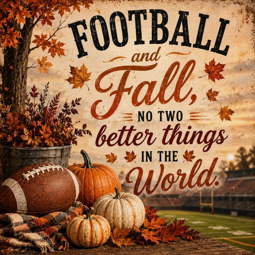 10 x 10 metal fall wreath sign featuring pumpkins, autumn leaves, a football, and the phrase "Football and Fall, No Two Better Things in the World." Exclusive Trendy Tree Design for deco mesh wreaths, grapevine wreaths, or framing. SKU TTE-503.