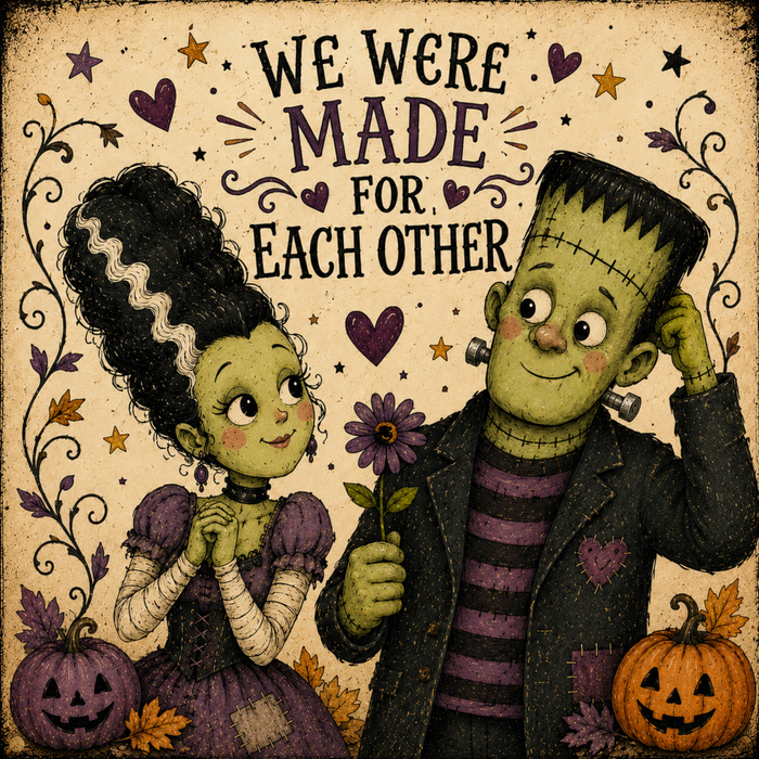 Cute Frankenstein and Bride characters with pumpkins, hearts, and the phrase "We Were Made for Each Other" on a Halloween wreath accent metal sign TTE-440