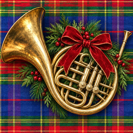 Gold French horn Christmas metal sign with red velvet bow, greenery, berries and colorful tartan plaid background TTE-768
