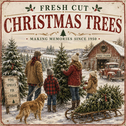 Fresh Cut Christmas Trees 10 inch metal sign with snowy tree farm, family choosing a tree, rustic barn, vintage red truck, dog and sled, with Making Memories Since 1950 sentiment, TTE-663.
