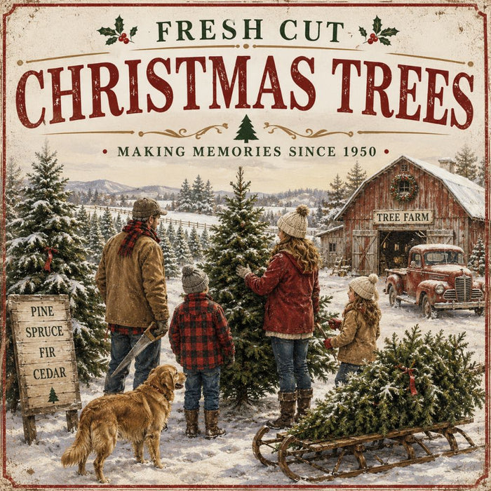 Fresh Cut Christmas Trees 10 inch metal sign with snowy tree farm, family choosing a tree, rustic barn, vintage red truck, dog and sled, with Making Memories Since 1950 sentiment, TTE-663.