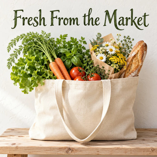 Flat metal sign featuring Fresh From the Market lettering above a natural canvas tote filled with carrots, lettuce, tomatoes, fresh herbs, a rustic baguette, and a bouquet of white daisies and yellow flowers. Neutral textured background with a rustic wooden tabletop. TTE-854.