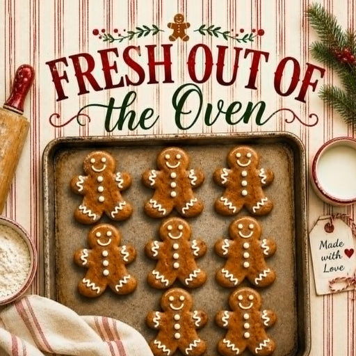 Fresh Out of the Oven Christmas metal sign featuring smiling gingerbread cookies on a baking tray with festive holiday baking accents. Exclusive Trendy Tree Design. SKU TTE-517.