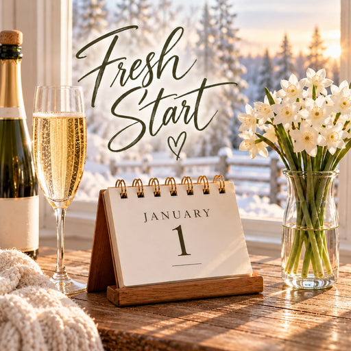 Flat metal sign featuring Fresh Start lettering, January 1 calendar, champagne bottle and flute, white winter flowers in a glass vase, and snow-covered trees outside a sunlit window. TTE-851.