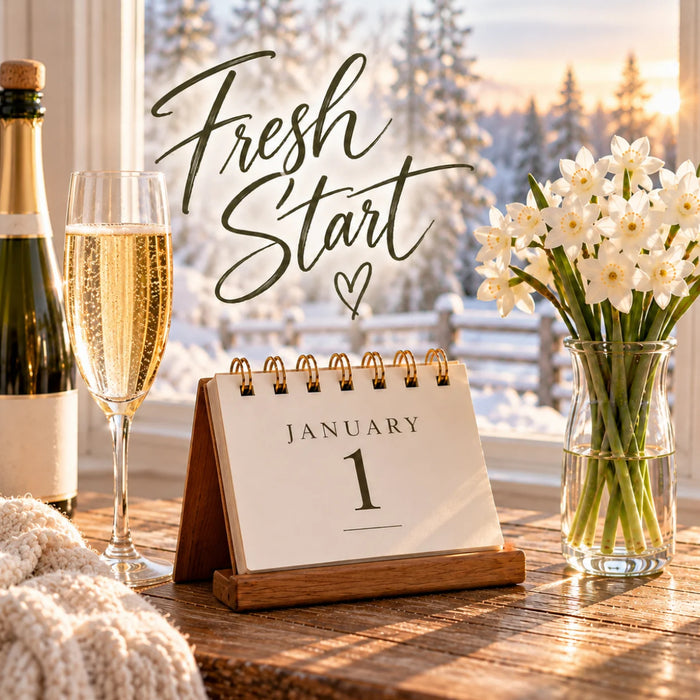Flat metal sign featuring Fresh Start lettering, January 1 calendar, champagne bottle and flute, white winter flowers in a glass vase, and snow-covered trees outside a sunlit window. TTE-851.
