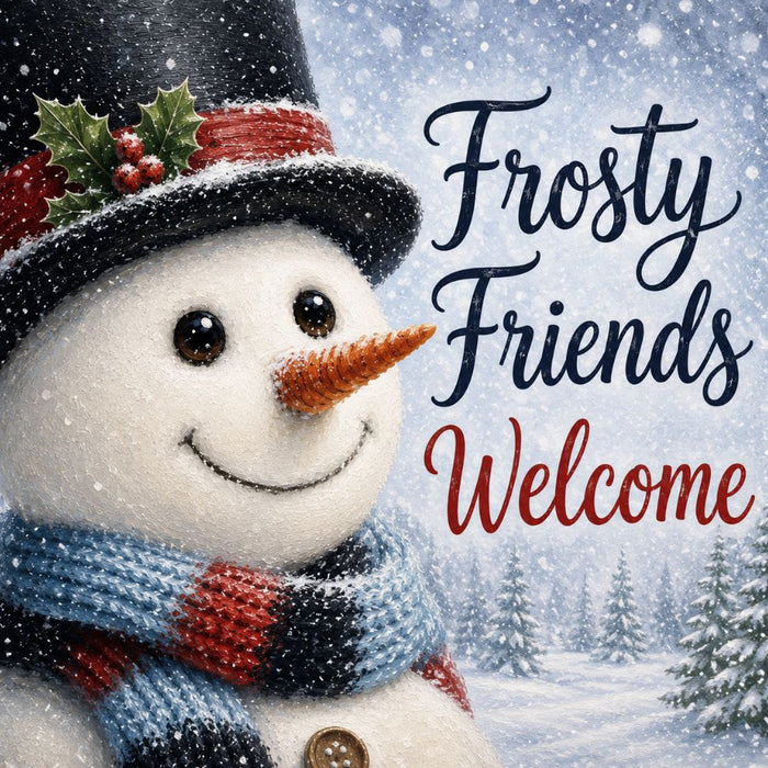 Frosty Friends Welcome 10 inch metal winter sign with smiling snowman, black top hat, red and blue scarf, falling snow and snowy evergreen trees, TTE-691.