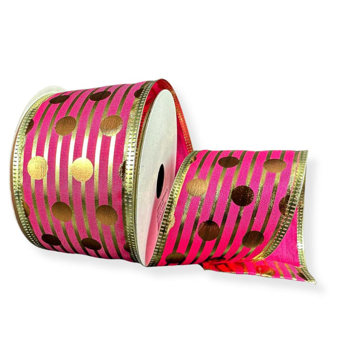 2.5-inch fuchsia satin wired ribbon with gold metallic dots, stripes, and gold metallic edges on a 10-yard roll.
