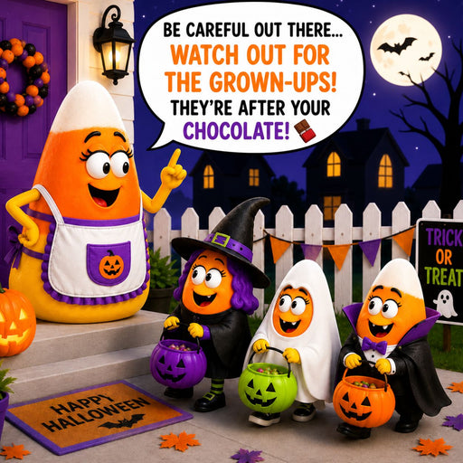 Funny candy corn Halloween metal sign featuring candy corn trick-or-treaters with the saying, "Watch Out for the Grown-Ups! They're After Your Chocolate!" Exclusive Trendy Tree Design. SKU TTE-516.