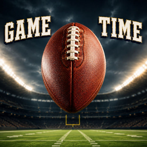 Game Time football metal sign featuring a football on the field under dramatic stadium lights.