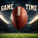 Game Time football metal sign featuring a football on the field under dramatic stadium lights.