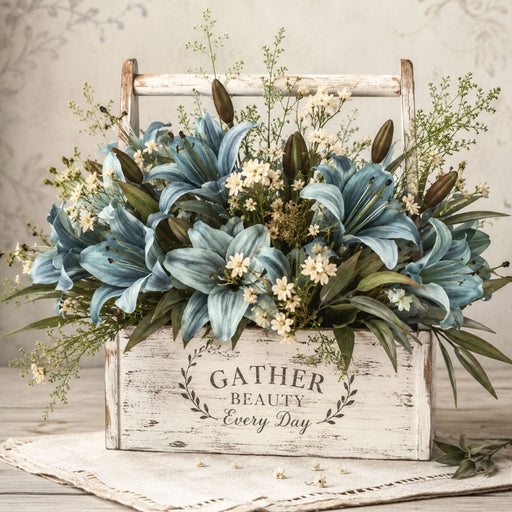 Gather Beauty Every Day 10 inch metal sign with dusty blue lilies, cream flowers and greenery in a distressed white wooden container, TTE-636.