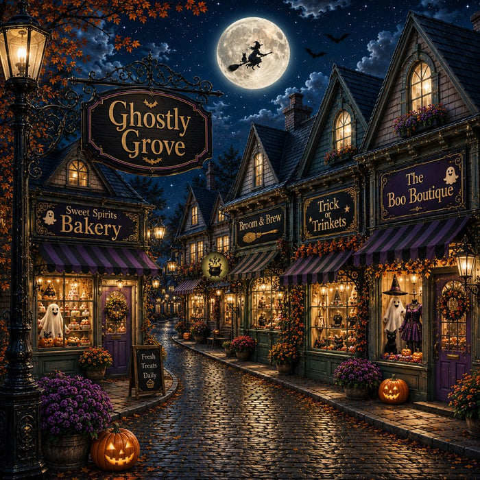 Ghostly Grove 10 inch Halloween metal sign with spooky village shops, ghosts, jack-o'-lanterns, full moon and flying witch, TTE-648.