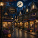 Ghostly Grove 10 inch Halloween metal sign with spooky village shops, ghosts, jack-o'-lanterns, full moon and flying witch, TTE-648.