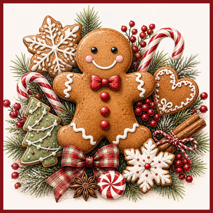 10 x 10 metal Christmas wreath sign featuring a smiling gingerbread cookie with peppermint candies, decorated cookies, evergreen branches, cinnamon sticks, and festive berries. Exclusive Trendy Tree Design for deco mesh wreaths, grapevine wreaths, or framing. SKU TTE-489.