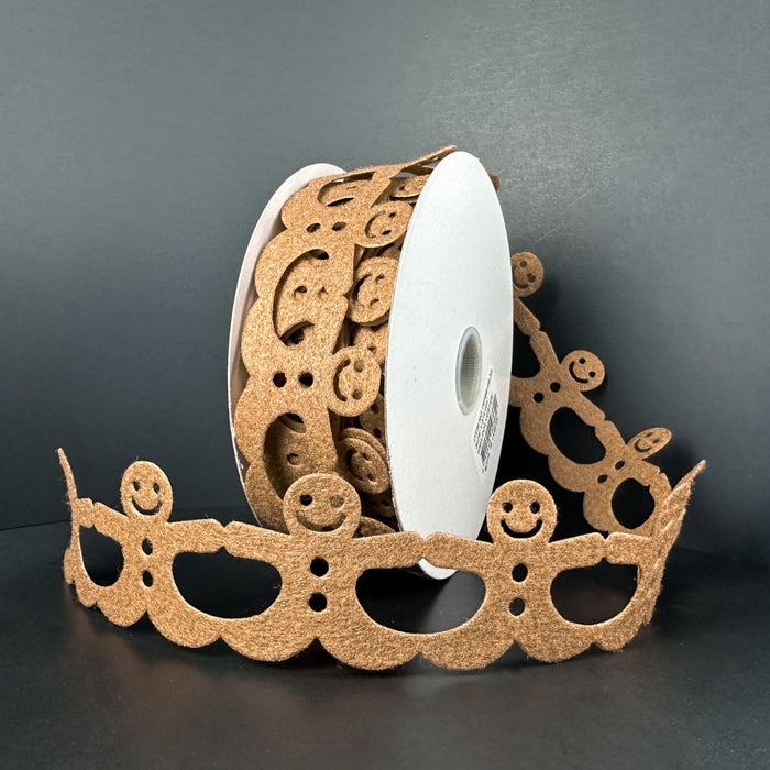 Brown gingerbread felt cutout ribbon with connected smiling gingerbread men, 1.5 inches by 10 yards.