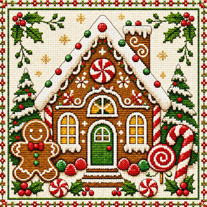 Gingerbread house 10 inch metal Christmas sign with needlepoint-style gingerbread man, green door, peppermint candy, candy canes, holly, Christmas trees and decorative red border, TTE-672.