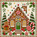 Gingerbread house 10 inch metal Christmas sign with needlepoint-style gingerbread man, green door, peppermint candy, candy canes, holly, Christmas trees and decorative red border, TTE-672.