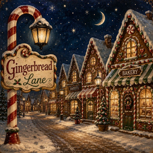 Gingerbread Lane 10 inch metal Christmas sign with snowy gingerbread village, bakery and sweet shops, candy cane signpost, glowing lights and starry night sky, TTE-701.